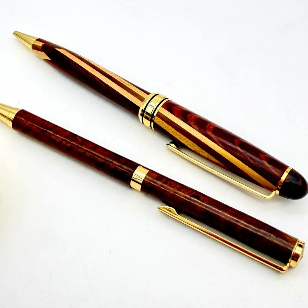 Davin‎ Kesler Wood Pen Pencil Pillbox Set Vintage Inlay Gold-Tone West Germany